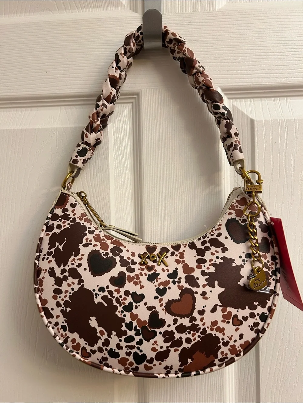 Betsey Johnson Brown & Cream Heart Print Hobo Bag